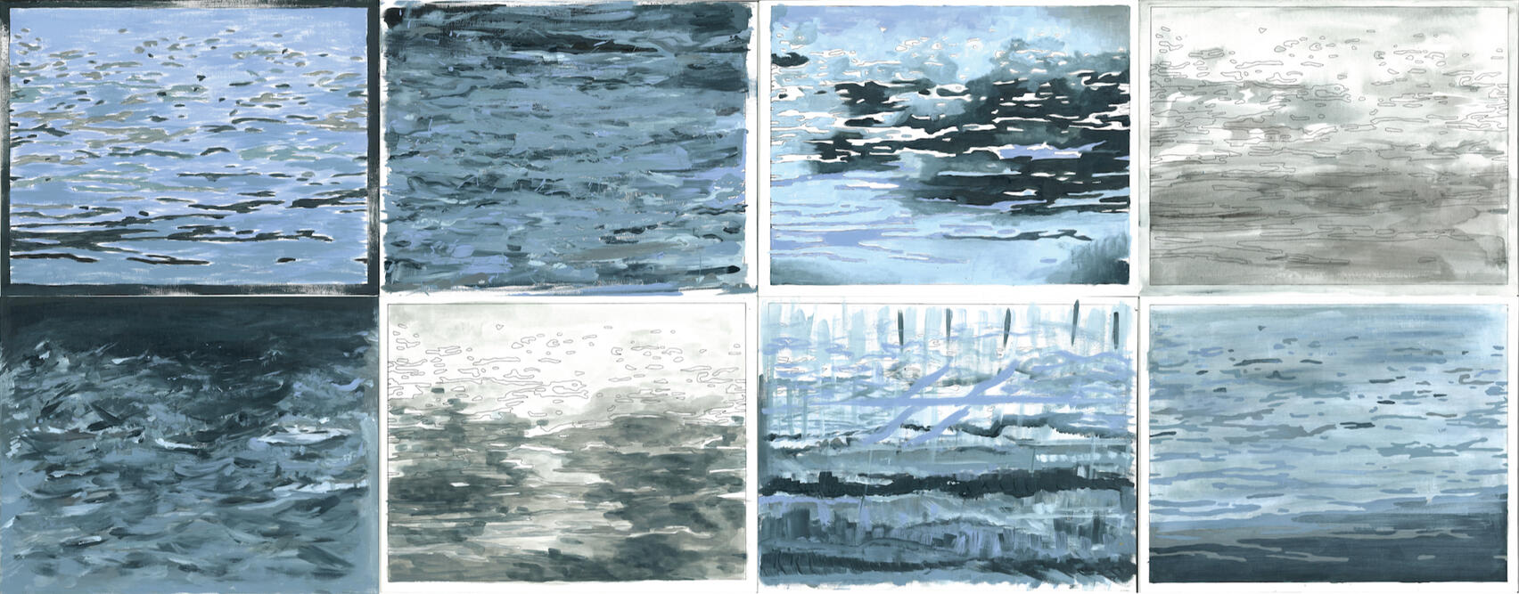 Completed Water Paintings, acrylic paint on canvas wrapped panels, 2021